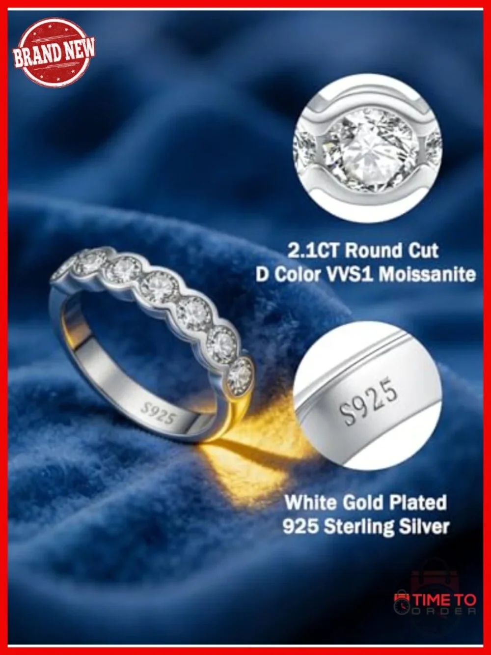 2.1CT Moissanite Half Eternity Ring Band, D Color VVS1, 925 Sterling Silver,